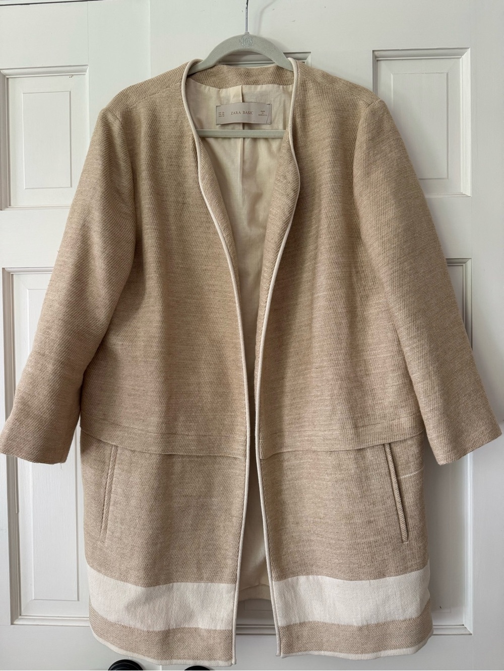 Zara Two-Tone Cream Beige Open-Front Textured Coat